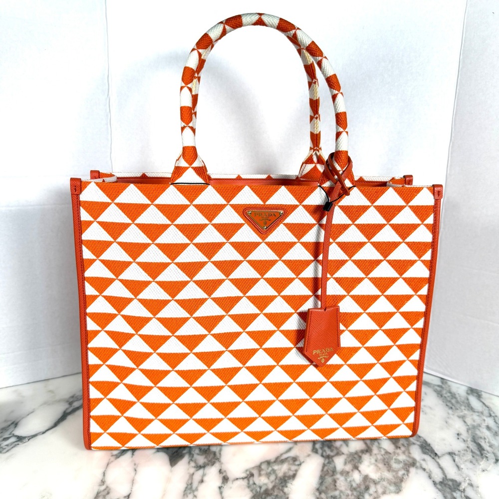 Prada Milano 1BA356 Symbole Geometric Canvas Tote Orange Triangle Bag Large